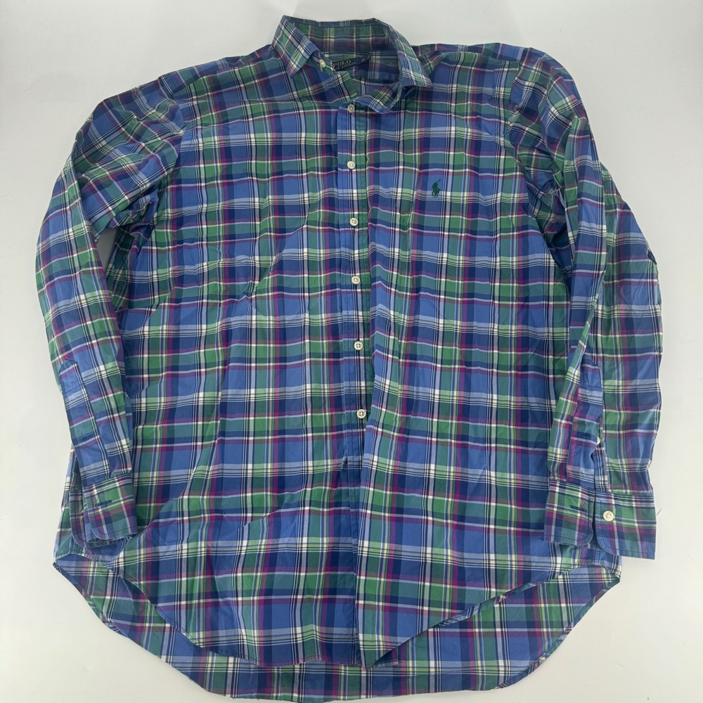 Polo Ralph Lauren Mens LT Tall Plaid Button Down Shirt Blue Green Purple Cotton